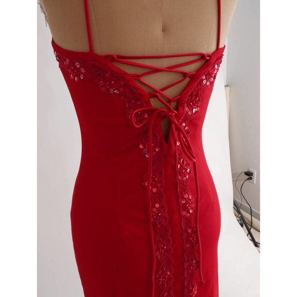 fairycore halter dress | Vintage slip dress gown cherry red corset back S - Picture 7 of 10